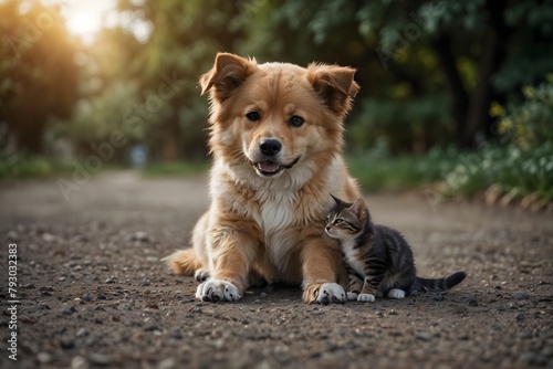 Sunlit Companions: Cheerful Dog and Kitten Share a Peaceful Moment