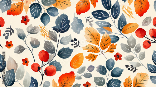 seamless pattern in all sides with colorful leaves and flowers design in white background photo