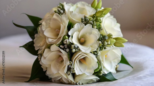 White rose flower bouquet in bundle shape for bridal in wedding ceremony 