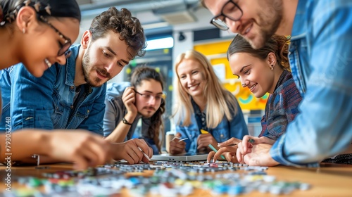 People work together to solve a jigsaw puzzle, showcasing teamwork and collaboration photo