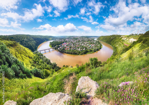 Amazing panoramic view from above to famous ukraininan city Zaleshchiki in the Dnister river canyon photo