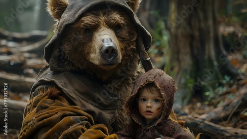 A bear dressed as a wizard with a small human friend. Concept Animal in Costume, Friendship, Fantasy, Imagination, Cute Characters