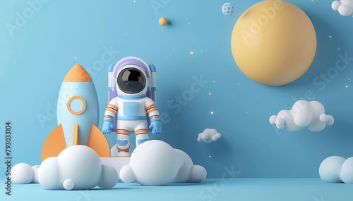 A cartoon astronaut is standing next to a rocket in a blue sky by AI generated image