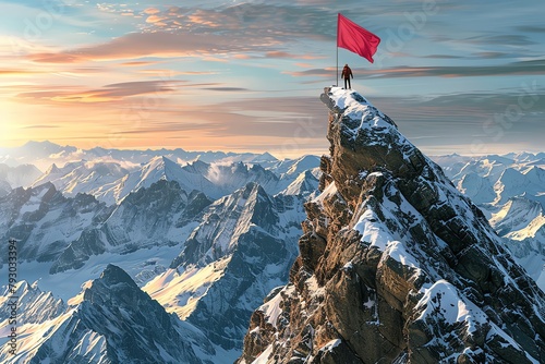 Striving to reach new heights of success by conquering a challenging mountain with a red flag waiting at the summit