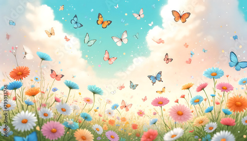 
A vivid butterfly with iridescent wings graces a blossoming meadow, flitting among delicate flowers under a radiant sky, its colors a dance of nature’s splendor. photo