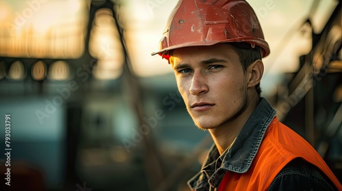 A youthful foreman gazes confidently at the camera sporting a hard hat following a strenuous day s work at the construction site photo