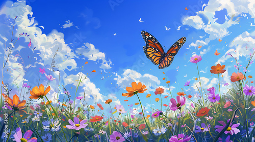  A vivid butterfly with iridescent wings graces a blossoming meadow, flitting among delicate flowers under a radiant sky, its colors a dance of nature’s splendor.