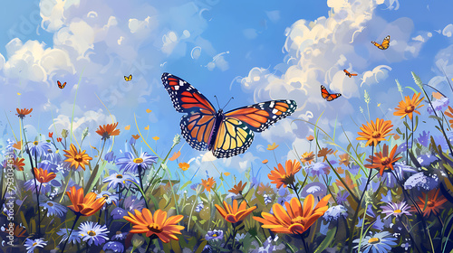  A vivid butterfly with iridescent wings graces a blossoming meadow, flitting among delicate flowers under a radiant sky, its colors a dance of nature’s splendor.