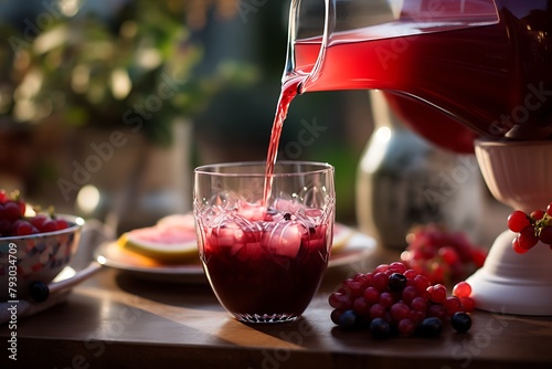 Pouring cranberry juice into a glass with berries on the table