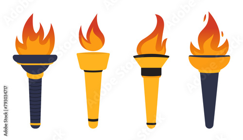 Flaming torchlight set. Collection of various golden flares. Isolated vector elements.