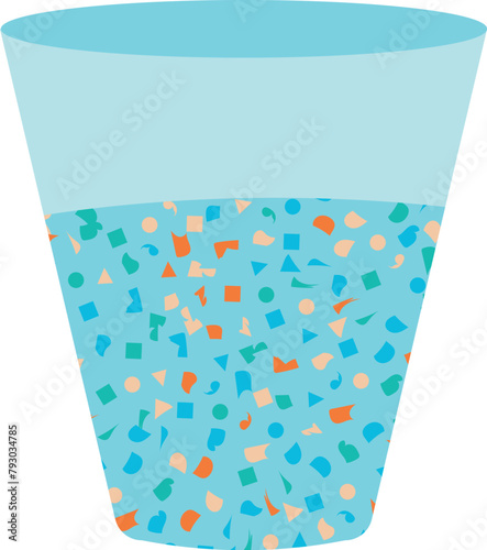 Micro plastic pollution concept. Microplastic in water. Environmental pollution by toxic waste. Toxic pieces in glass of water. Vector illustration isolated on white background.