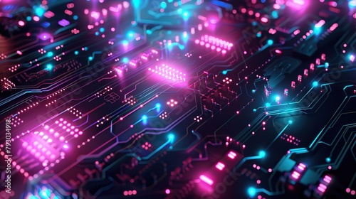 This is an image of a circuit board. It has many small electronic components on it, and is lit up with bright pink and blue lights.