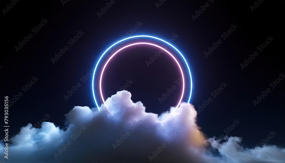 abstract cloud illuminated with neon light ring on dark night sky