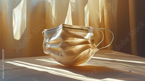 A surgical mask arranged neatly on a sterile white table, its pleated design catching the light in sharp relief photo