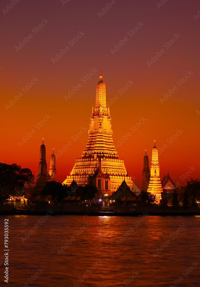 Fantastic Evening View of Wat Arun or the Temple of Dawn, Located on the West Bank of Chao Phraya River in Bangkok, Thailand