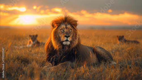 Masai lion and cub rest in grass at sunset, Felidae, carnivores with golden fur