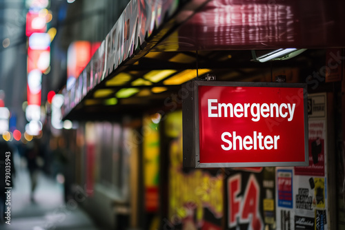 Red sign 'Emergency Shelter' on city street at night with blurred background
