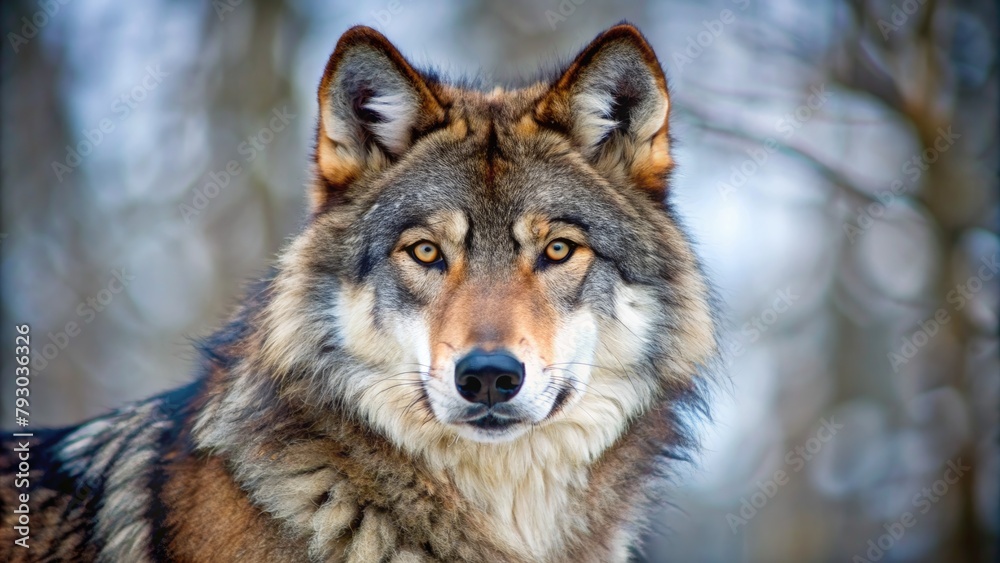 Portrait of a wolf in the winter forest.