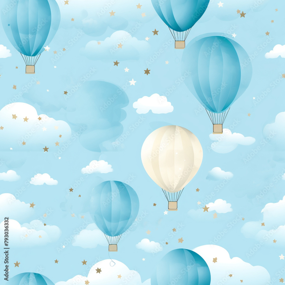 Obraz premium sky with hot air balloons amongst clouds and stars in pastel tones, kids theme, seamless background, digital art, interior design, wallpaper