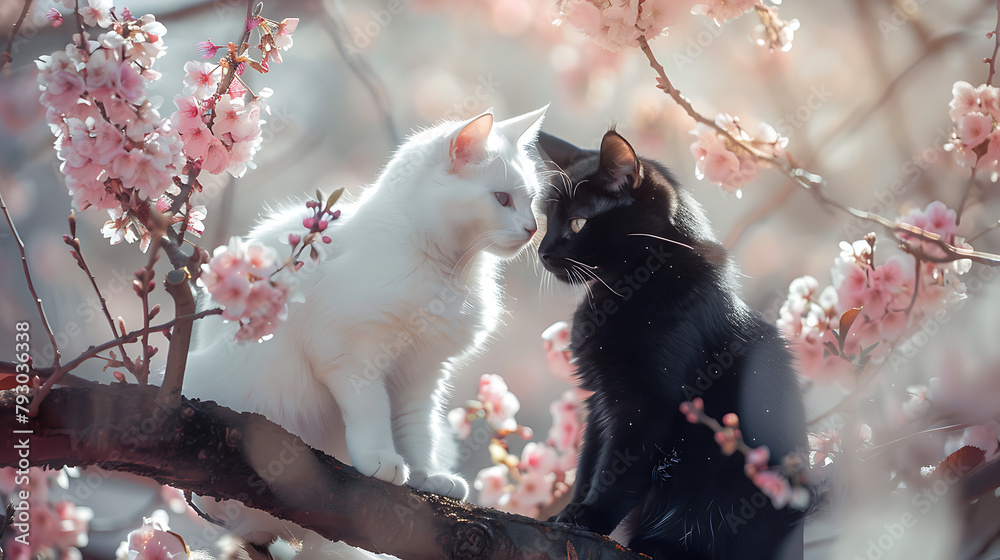 Two contrasting cats, one snow-white and the other ebony-black, share a tender gaze amidst the soft blush of blooming cherry blossoms, an ephemeral backdrop that whispers of spring's gentle caress. - obrazy, fototapety, plakaty 