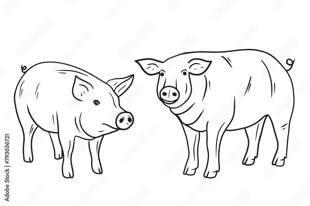 Fototapeta premium Set of two pigs standing in black isolated on white background. Hand drawn vector sketch doodle illustration in engraved vintage line art style. Concept of domestic farm animals, pork, meat, food.