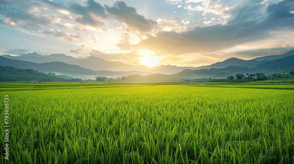 Fototapeta premium Fresh large green rice field on the morning landscape. AI generated image