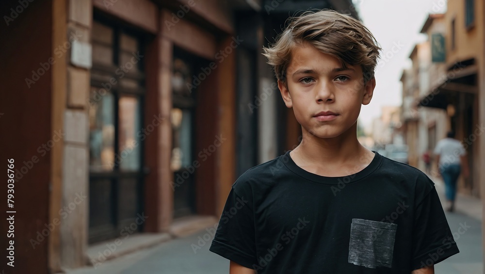 Boy wearing blank black t-shirt for mockup Boy wearing blank black t-shirt for mockup