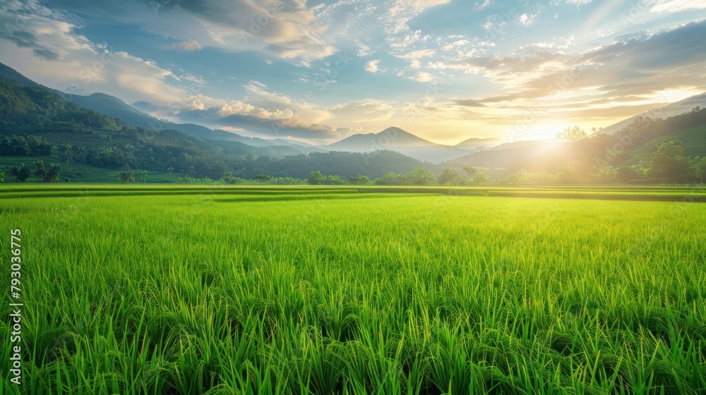 Fresh large green rice field on the morning landscape. AI generated image