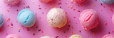 Assorted colorful ice cream scoops on pink background banner. Panoramic web header. Wide screen wallpaper