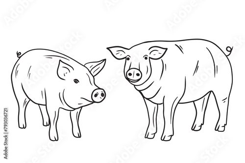 Set of two pigs standing in black isolated on white background. Hand drawn vector sketch doodle illustration in engraved vintage line art style. Concept of domestic farm animals, pork, meat, food.