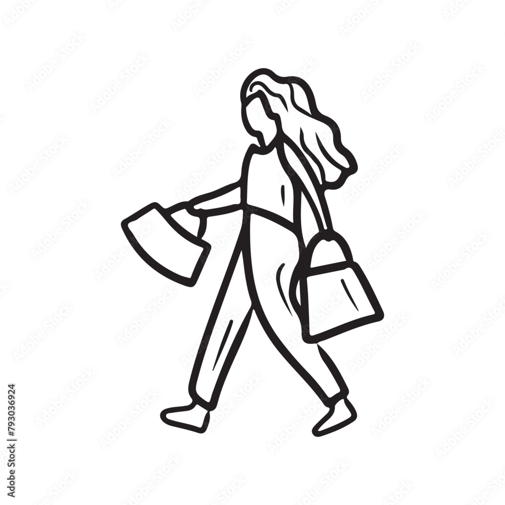 Happy woman is going from shopping with bags and packages and gifts. Hand drawn vector sketch illustration in doodle engraved line art vintage style isolated on white background. Store, character. Happy woman is going from shopping with bags and packages and gifts. Hand drawn vector sketch illustration in doodle engraved line art vintage style isolated on white background. Store, character.