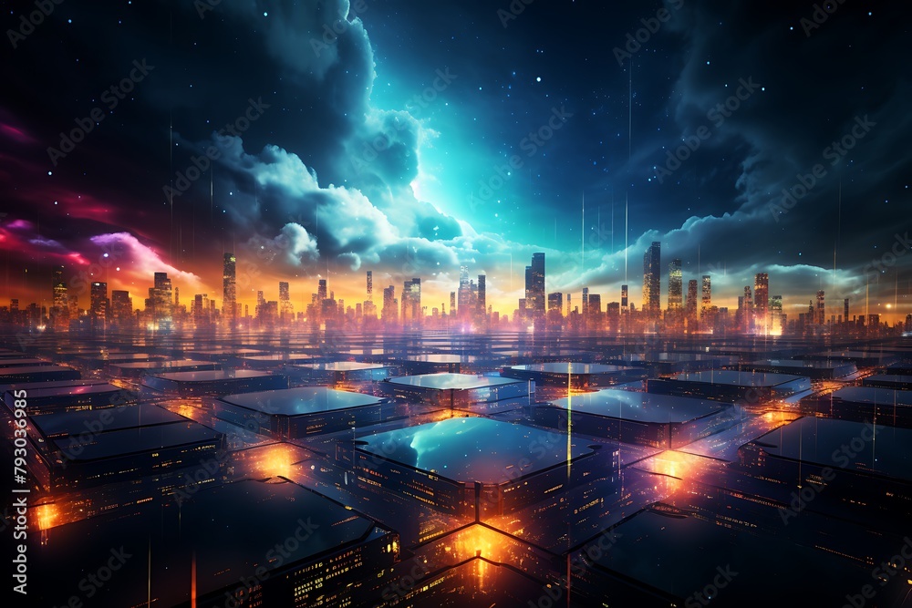 Futuristic city at night with neon lights. Vector illustration.