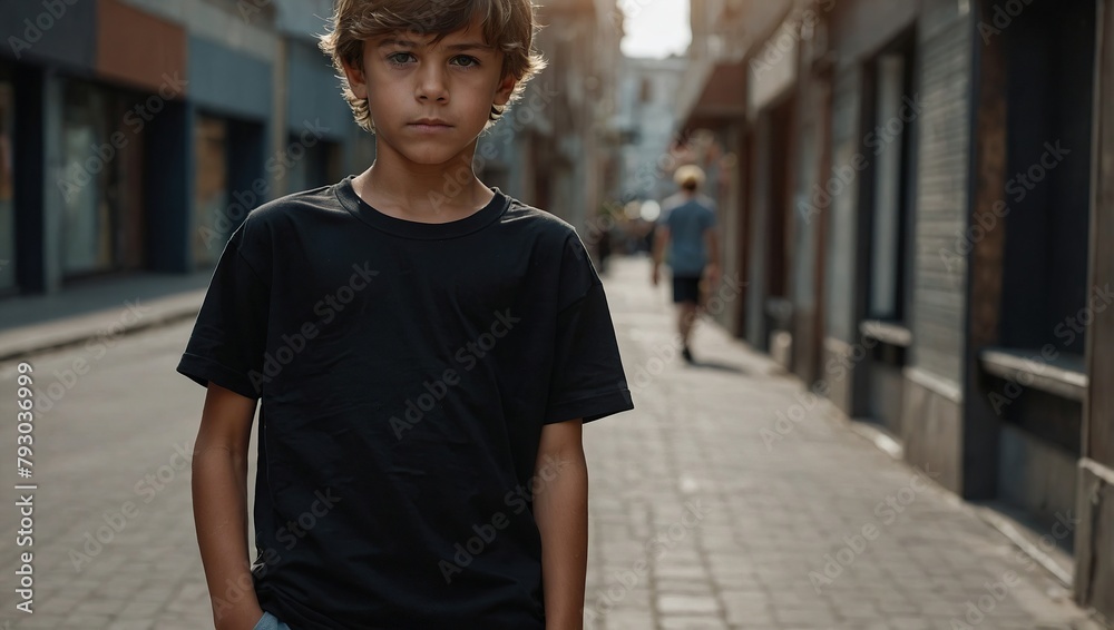 Boy wearing blank black t-shirt for mockup Boy wearing blank black t-shirt for mockup