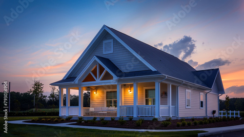 Evening glow enveloping a newly built community clubhouse with a white porch and gable roof, captured in ultra HD.