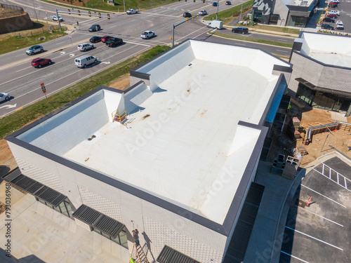 Drone Images of TPO Flat Commercial Roof With Metal Panels: New & Existing Construction 