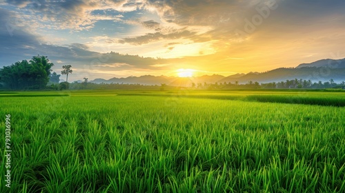 Fresh large green rice field on the morning landscape. AI generated image