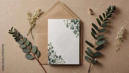 Card mockup on beige background, Blank Wedding invitation card mockup with natural eucalyptus and white gypsophila twigs