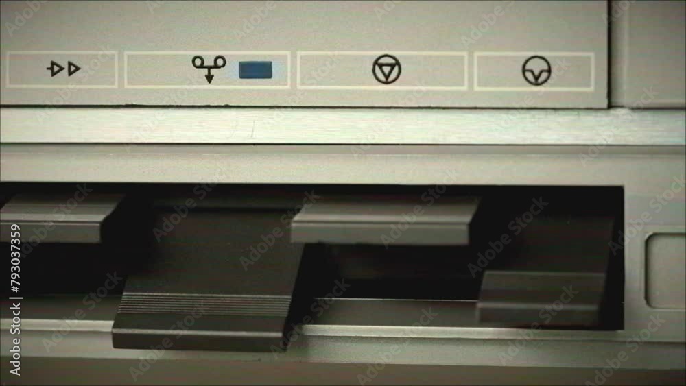 Retro radio tape recorder, audio cassette playing close-up. Listening to music, recording studio old radio boombox player, searching channel, volume. 