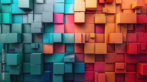 Geometric colorful modern wooden block mosaic wall graphics abstract background. AI generated