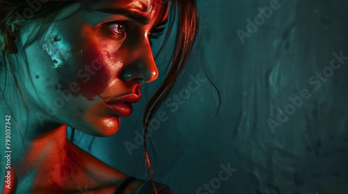 the woman is a victim of domestic violence, a concept photo poster with place to copy space
