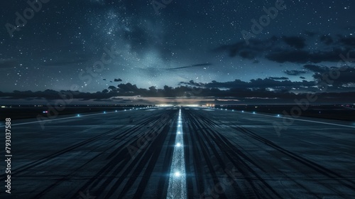 Dark concrete or asphalt of plane runway with light in the night sky view. AI generated image photo