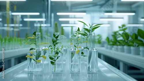 a biotechnological approach to air purification, showing bioengineered plants in a controlled environment lab 32k,