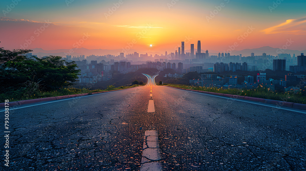 Golden Hour Glow on City Horizon Behind Winding Road, Generative AI
