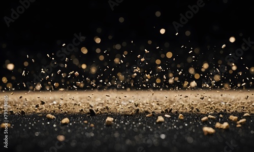 Close-up illustration of debris and dust falling on a black backdrop