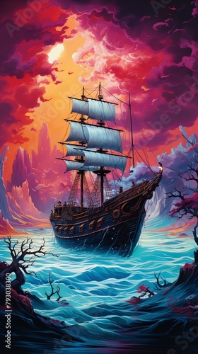 Imagine a surreal landscape of a side view haunted shipwreck sinking into a sea of swirling colors and ghostly figures Merge horror elements with surrealism in a stunning artwork, suitable for traditi photo