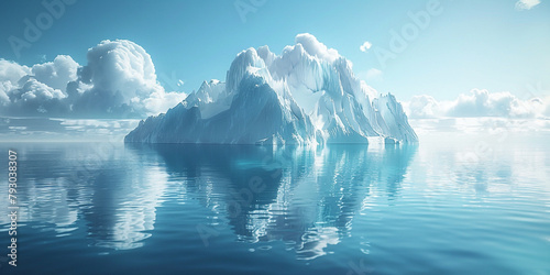 a striking 3D depiction of a majestic iceberg floating in an icy ocean, capturing the sheer scale and beauty of nature's frozen wonders 16k ultra HD resolution © Babar