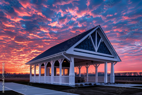 High-definition image of a new clubhouse with a white porch and gable roof, set against a stunning sunset sky.