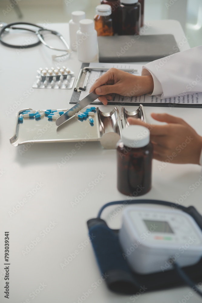 Healthcare service and pharmacy worker with customer at store counter for medication explanation. Pharmaceutical advice and opinion of pharmacist helping girl with medicine information. Healthcare service and pharmacy worker with customer at store counter for medication explanation. Pharmaceutical advice and opinion of pharmacist helping girl with medicine information.
