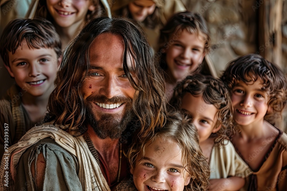 Jesus smiling surrounded by happy children, 
beautiful painting in the style of soft colors, hyper realistic photography