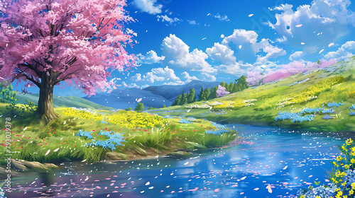  A majestic pink tree reigns over a vibrant landscape, with petals dancing on a breeze above a river reflecting the kaleidoscope of colors. The radiant backdrop of the azure sky cradles fluffy clouds photo
